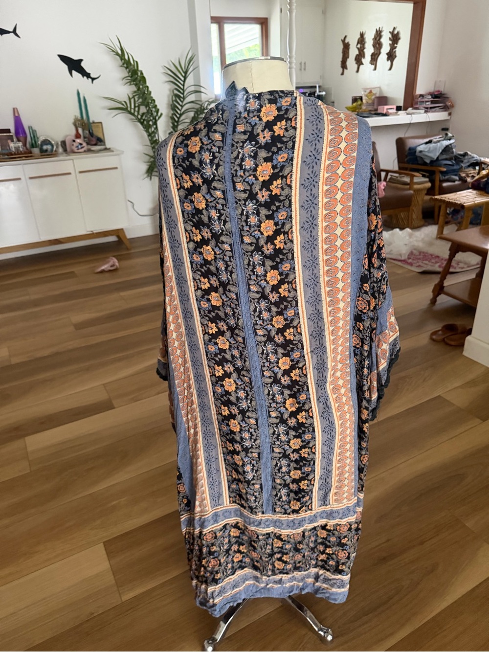 Angie Multicolor Paisley boho duster cardigan  with Navy and Orange Accents - Picture 4 of 5